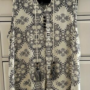 Xhilaration Black & White Printed Tassel Tie Blouse